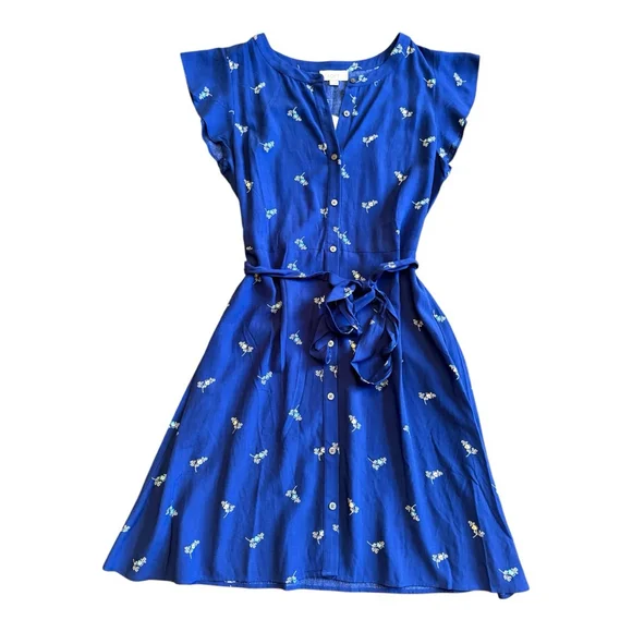 NWT Women's LOFT Outlet Blue Floral Button Front Belted Shirt Dress Size 4 - Picture 4 of 13